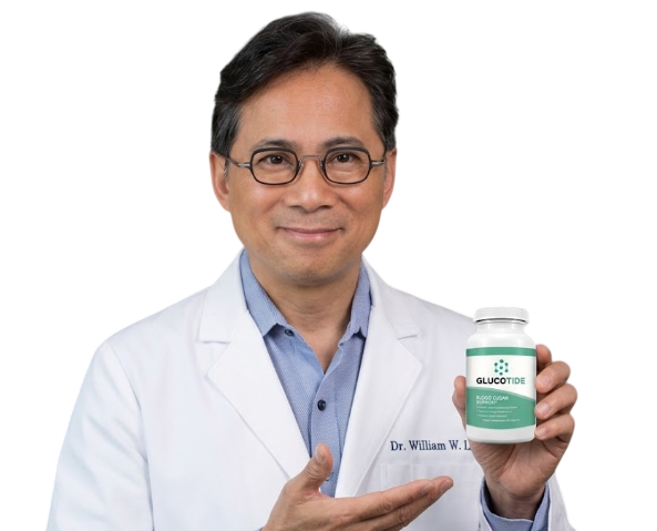 Dr. William holding Glucotide Blood Sugar Support supplement